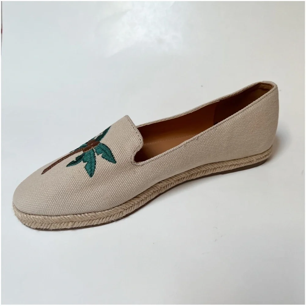 J Crew Factory Palm Tree Tropical Embroidered Slip-on Espadrilles Tan Canvas
